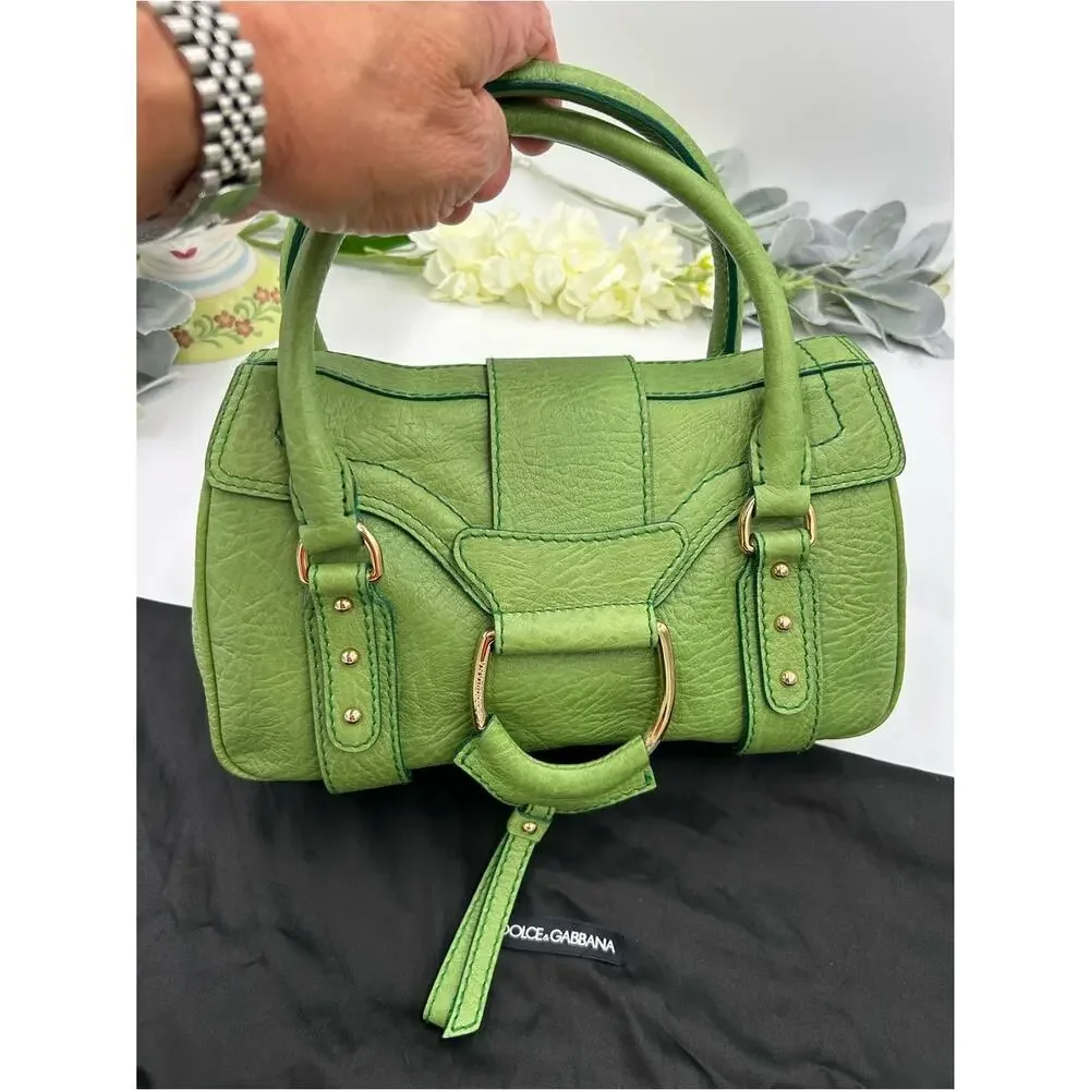 Women's vintage Dolce & Gabanna grainy, leather satchel in neon green made Italy